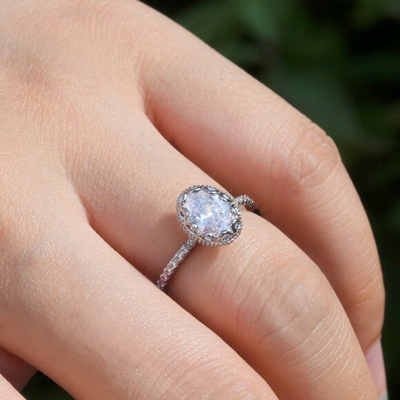 "Wedding/Engagement Oval Flower Dainty Gemstone Silver Ring for Women, VIP431 - Picture 8 of 10